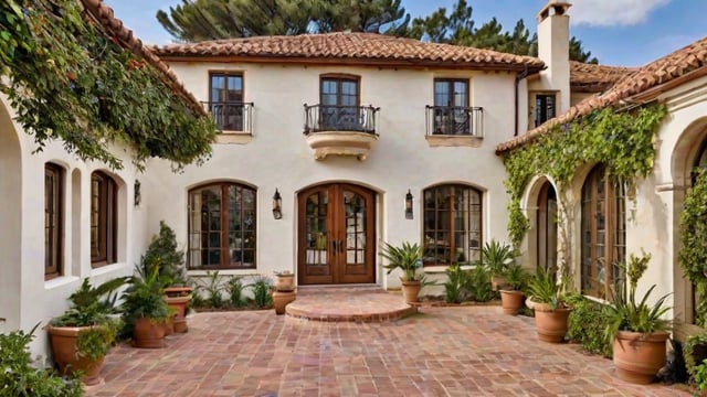 A white house with a Spanish style design and a large doorway. The house is surrounded by potted plants and trees.