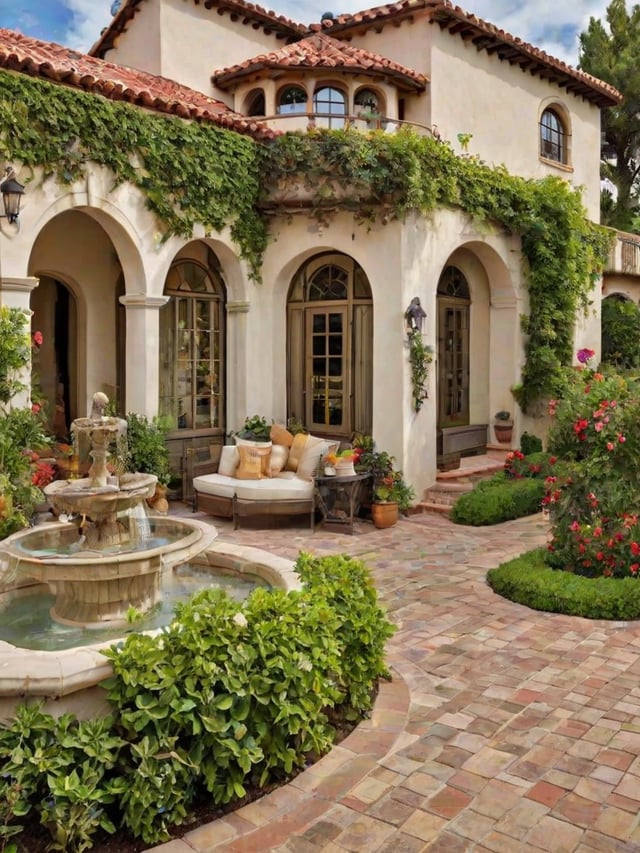 A beautiful house exterior with a fountain, garden, and patio. The house is adorned with ivy and has a brick walkway.