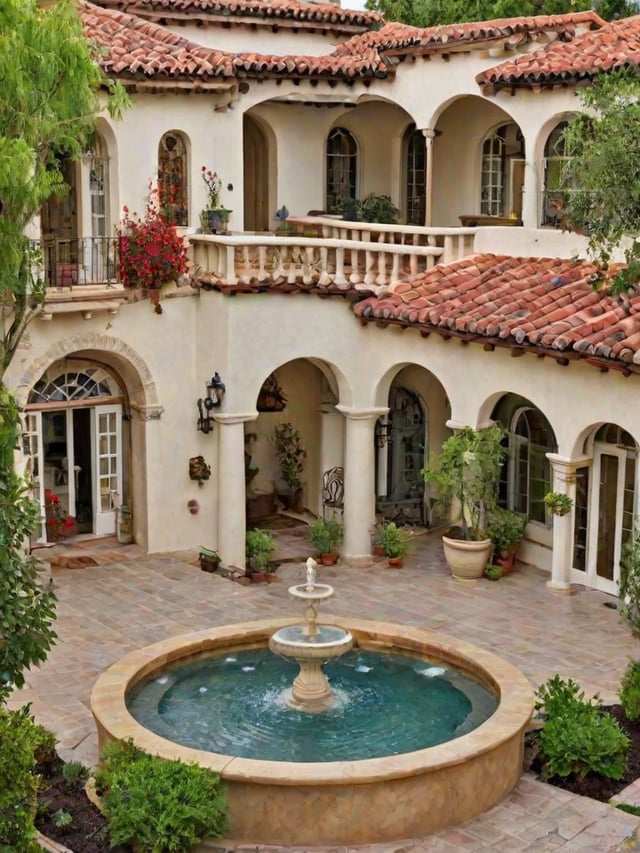 A Spanish style house with a circular driveway and a fountain in the center.