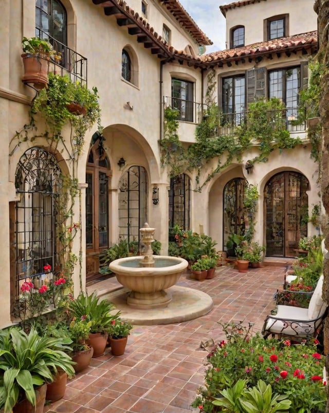 A Spanish style house with a fountain in the center of a courtyard, surrounded by potted plants and flowers.