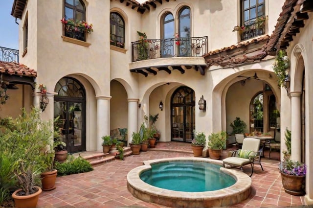 A Spanish style house with a round swimming pool in the middle of a patio. The patio is decorated with potted plants, chairs, and a fountain.