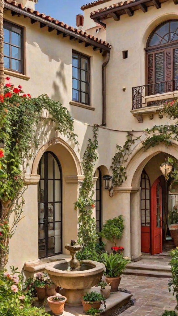 A house exterior with a white stucco wall, red door, and ivy and flowers. The design style is classic and elegant.