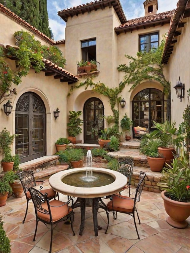 Outdoor patio with a fountain in the middle of a table, surrounded by potted plants and chairs.