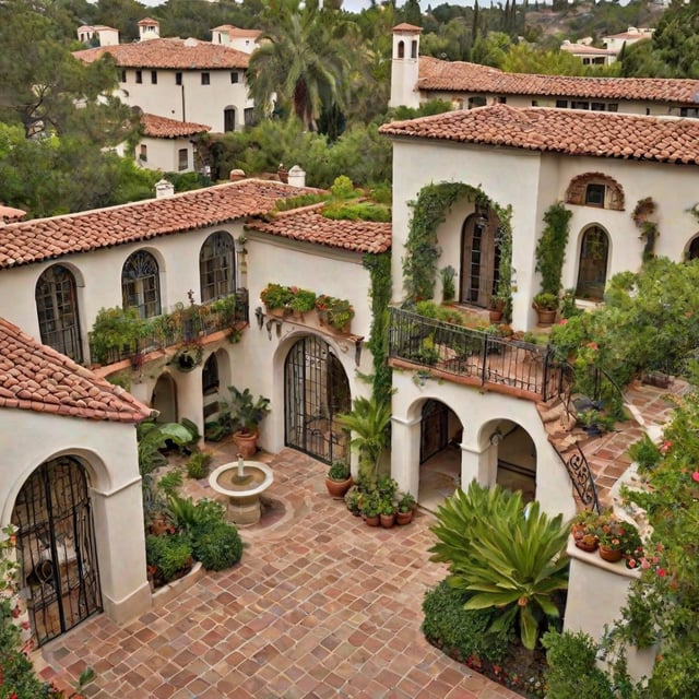 A Spanish style house with a large courtyard filled with potted plants and flowers.