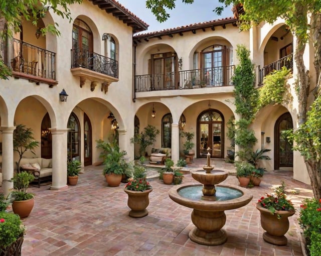 A Spanish style house with a courtyard and a fountain. The house is surrounded by potted plants and flowers, creating a serene and inviting atmosphere.