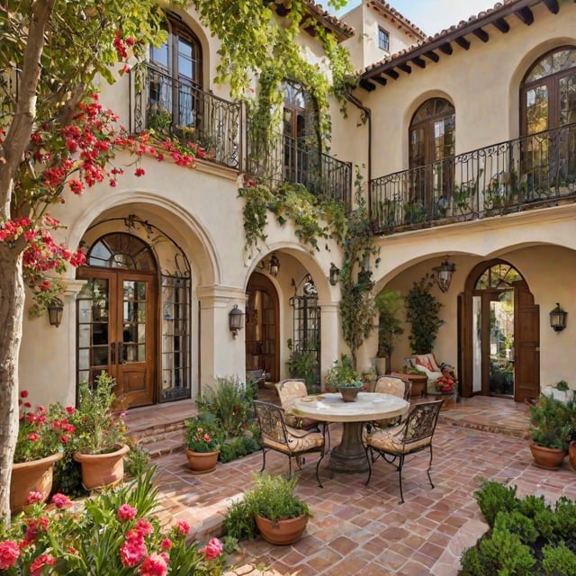 A Spanish style house with a patio and table and chairs on the front porch. The house is surrounded by potted plants and flowers.