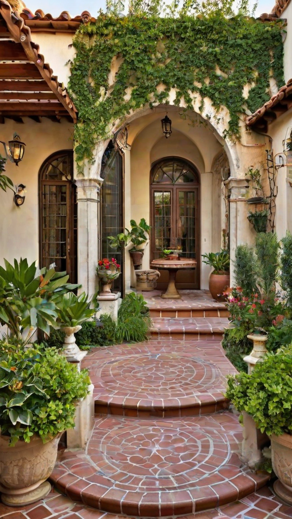 A house exterior with a brick walkway and potted plants leading up to a doorway.