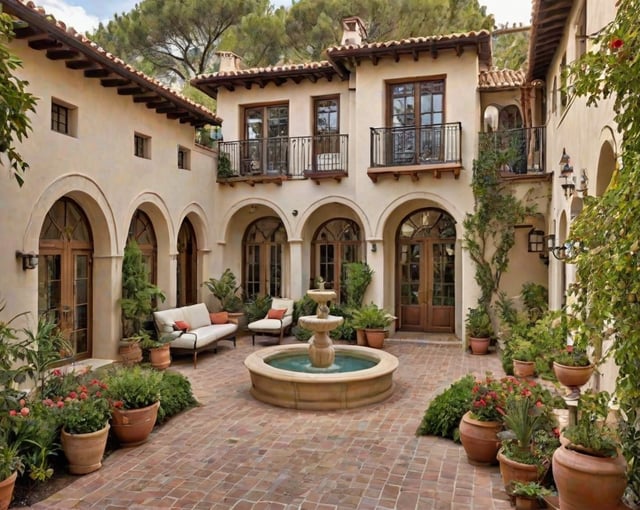 A Spanish style house with a courtyard in the middle, surrounded by potted plants and arched doorways.