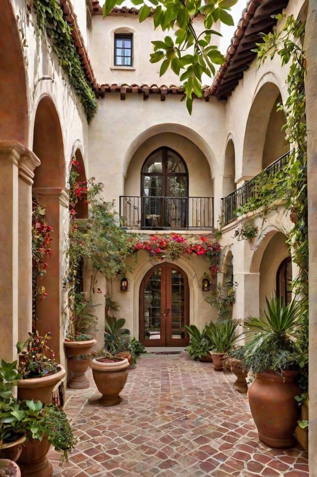 A house with a Spanish design style, featuring a brick walkway, a doorway adorned with potted plants and flowers, and a balcony with a vine-covered railing.