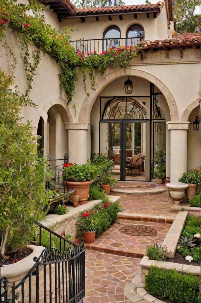 A house exterior with a brick walkway, glass arch, and potted plants and flowers.