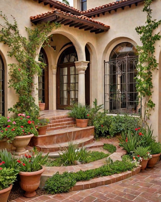 A house with a staircase and a lot of greenery. The house has a Spanish style design with a red roof.