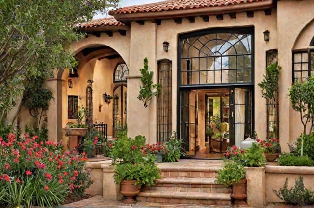 A Spanish style home with a red tile roof, stucco exterior, and a variety of potted plants and flowers.