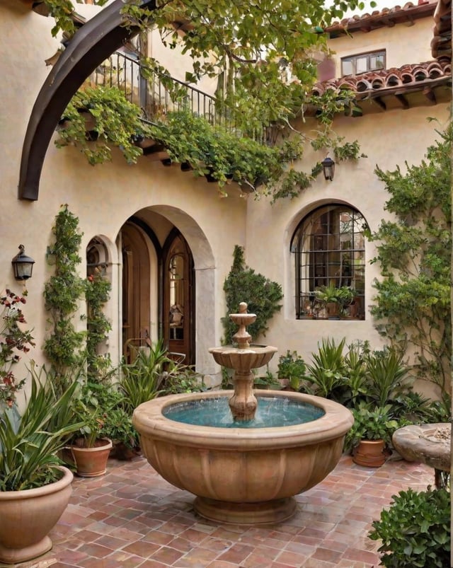 A Spanish style house with a fountain in the center of a garden. The house is surrounded by greenery and has a beautiful garden.