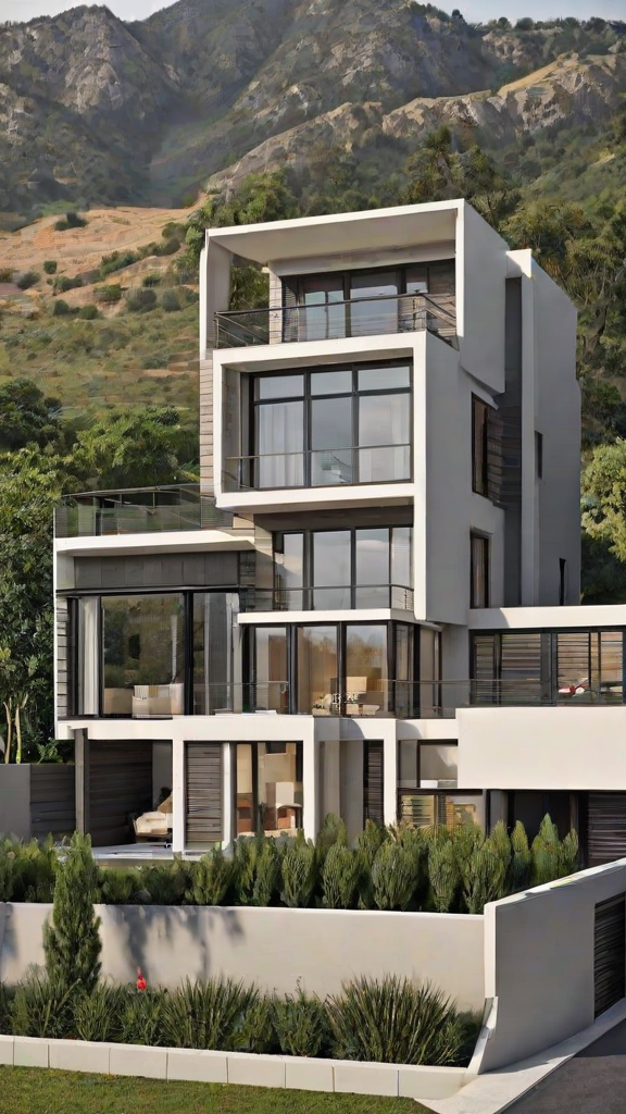 A modern house exterior with a large glass wall and a balcony on the second floor. The house is white and has a sleek design.