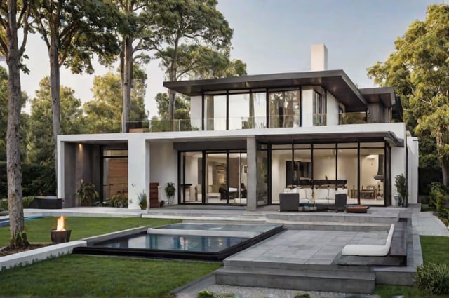 A large white house with a lot of windows and a balcony, surrounded by a lush green lawn and a pool in the backyard.