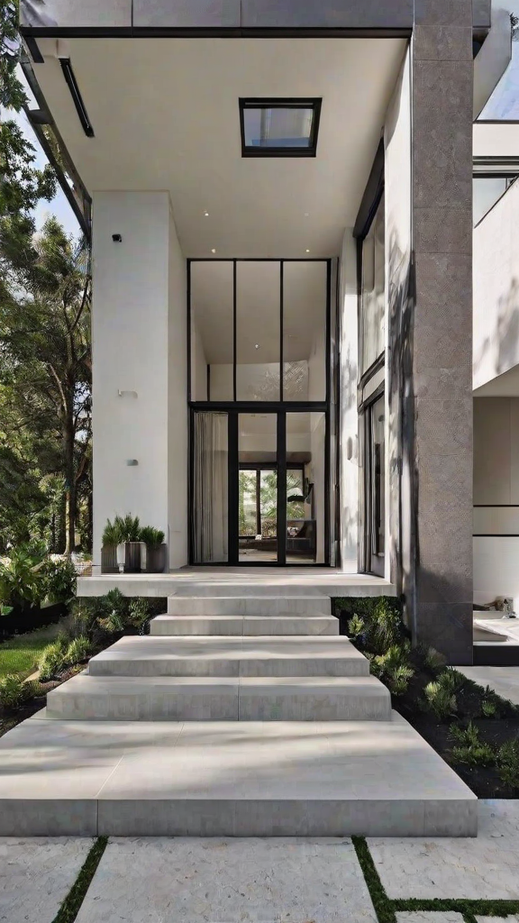 A modern house exterior with a large glass door and stairs leading up to it.