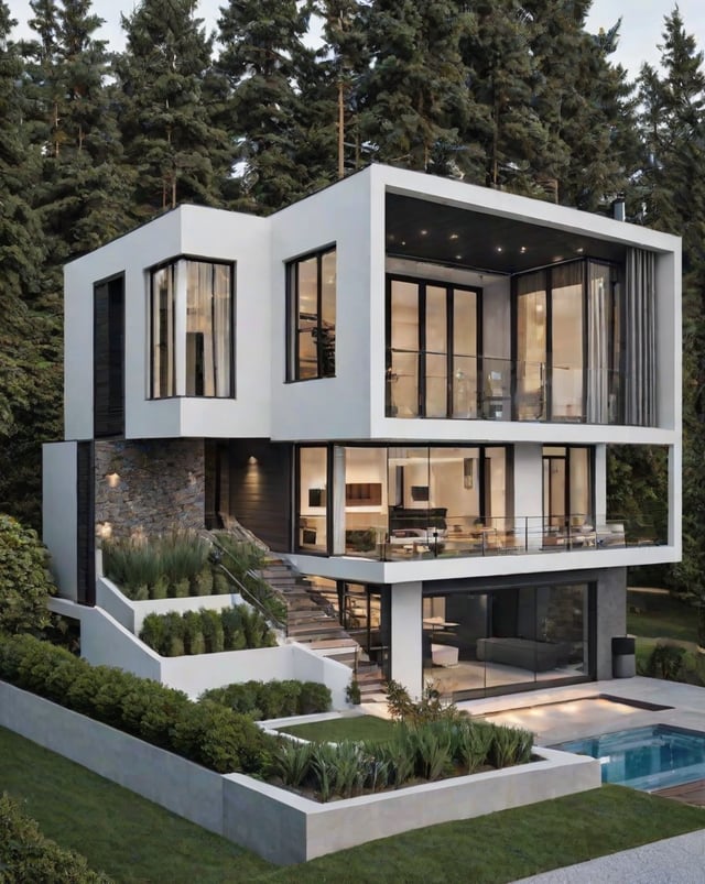 A modern white house with a swimming pool and a large deck. The house has a contemporary design with large windows and a sleek exterior. The pool is surrounded by a lush green lawn and is situated next to a forest.