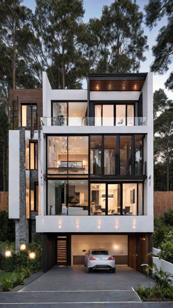 A large white house with a wall of windows and a balcony in a wooded area. The design is modern and minimalistic, with a focus on clean lines and natural light.