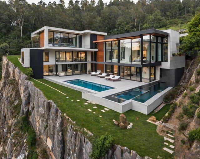 A modern house exterior with a pool and a cliffside location.