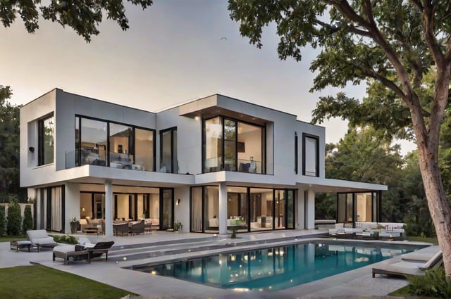 A large, modern house with a pool and a spacious backyard. The house has a white exterior and features a large window that spans across the entire width of the building.