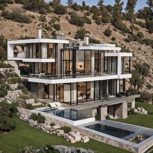 A modern house exterior with a large glass wall and a pool. The house is situated on a hillside, offering a stunning view of the surrounding landscape.