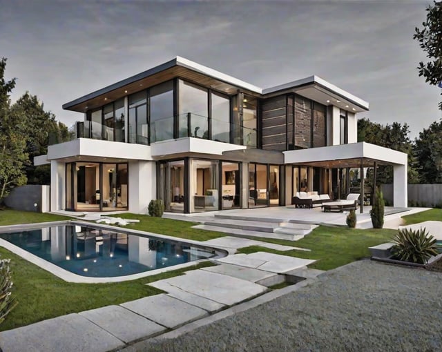 A modern house exterior with a large pool and a beautifully landscaped yard.