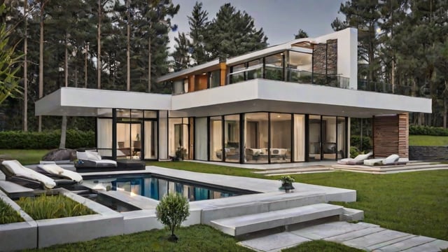 Modern house exterior with pool and patio