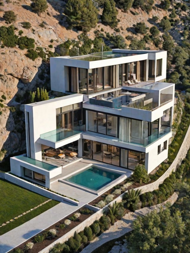 A modern house exterior with a large glass wall and swimming pool on a hillside.