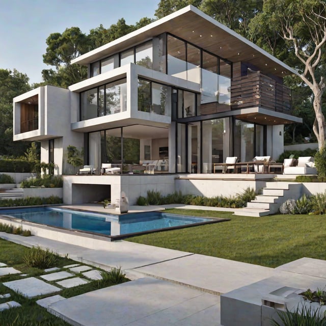 A modern house exterior with a large pool, patio, and deck area. The house is white with large windows and a glass front door.