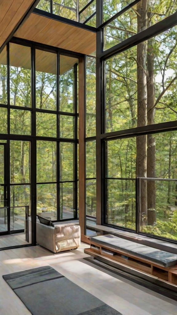 A modern house exterior with a large glass wall and deck overlooking the trees.