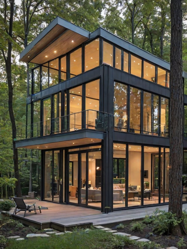 A modern house exterior with a large glass wall and deck, surrounded by trees.