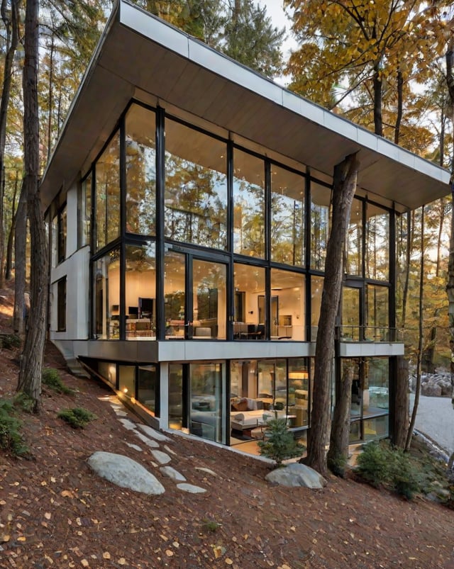 A modern house exterior with a large glass wall and a rocky hillside. The house is surrounded by trees and has a deck overlooking the woods.