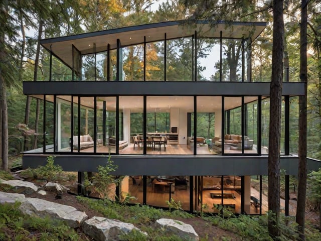 A modern house exterior with a large glass wall and spacious living room