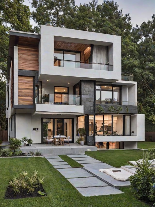 A modern house exterior with a large patio and a garden. The house has a white and grey color scheme and features a lot of windows. The patio has a dining table and chairs, and a potted plant. The garden is well-maintained and adds to the overall aesthetic of the house.