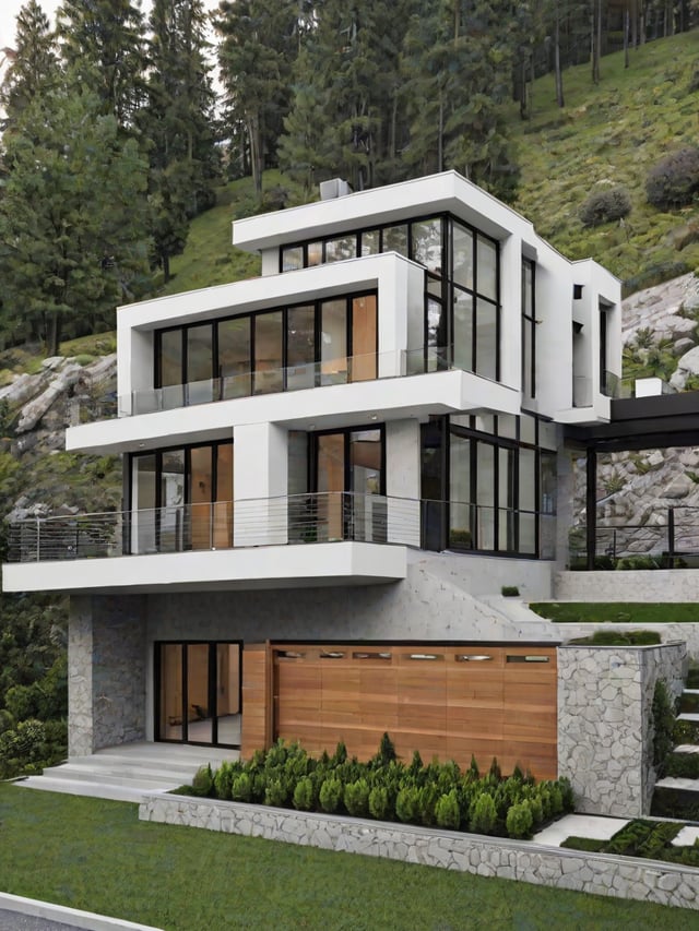 A modern house exterior with a white and black color scheme, featuring a large glass wall and a wooden garage door. The house is situated on a hill with a grassy area surrounding it.