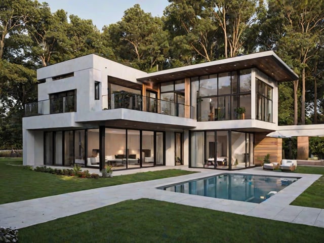 Modern house exterior with a pool and a hot tub