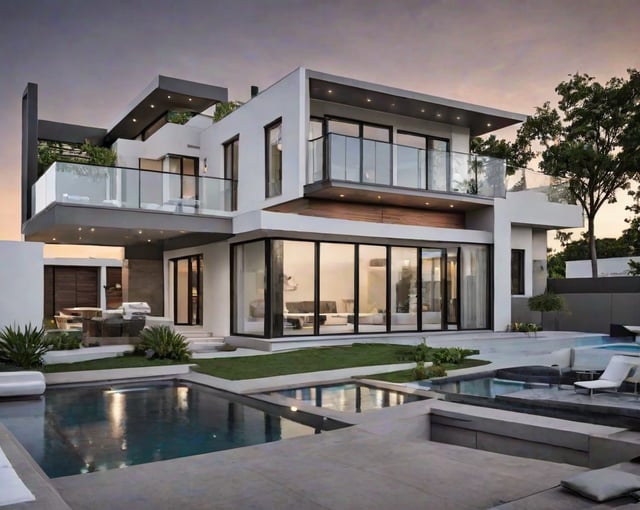 A large white house with a pool and a patio. The house has a modern design with a lot of windows and a glass balcony. The pool is located in the backyard and is surrounded by a patio area with chairs and a couch. The house also has a large deck on the second floor, providing a great view of the surroundings.