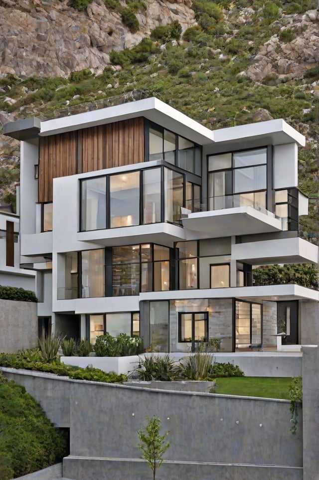 A modern house exterior with a white and brown color scheme, a large glass wall, and a balcony overlooking the garden.