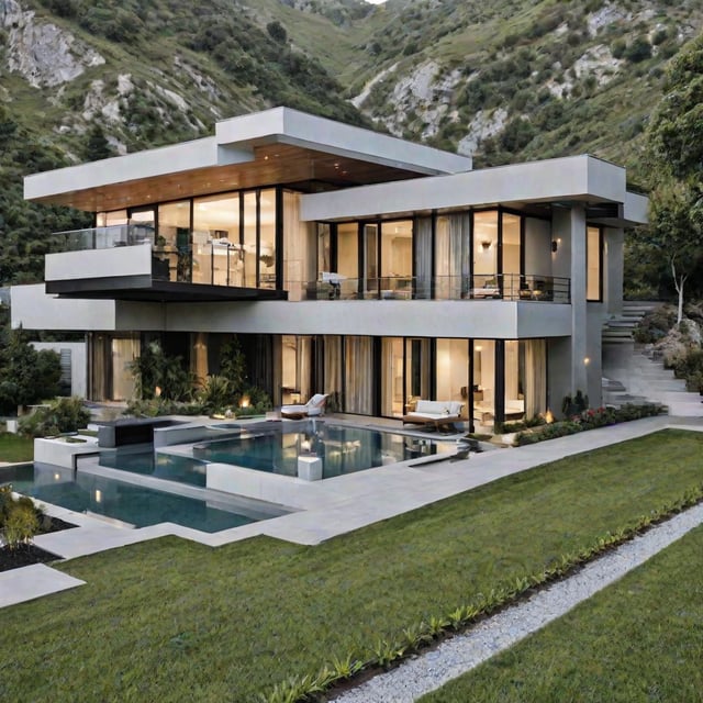 A modern house exterior with a pool and a large deck. The house is made of white and grey stone and has a large deck area. The pool is surrounded by a lush green lawn and is situated in front of the house.