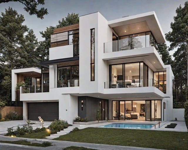 Modern house exterior with a swimming pool and a black and white color scheme.