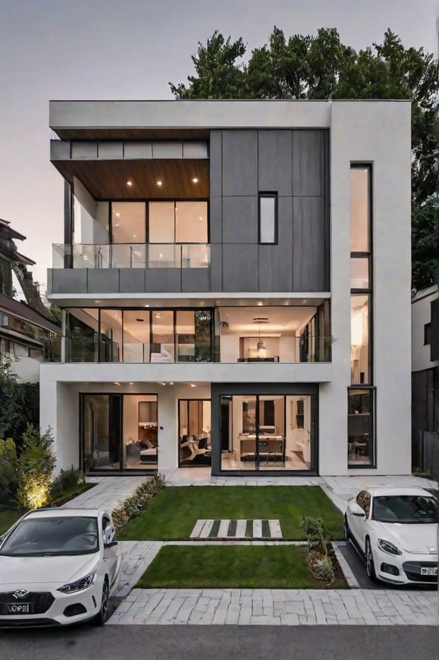 Modern house exterior with a white and grey color scheme, large glass wall, and balcony on the second floor.