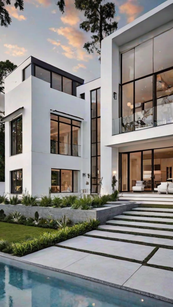 A large white house with a glass wall and a staircase leading up to the entrance. The house is surrounded by a lush green lawn and has a few potted plants in front of it.