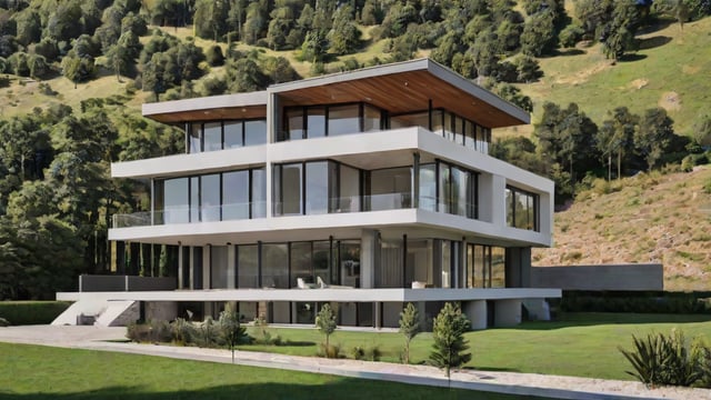 A modern white house with a large deck and grassy yard, situated on a hillside.