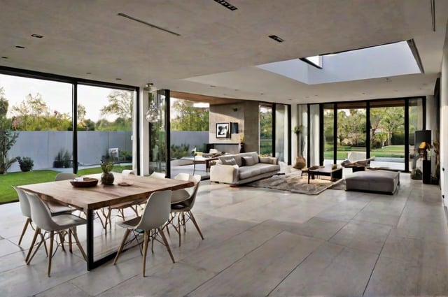 A modern house exterior with a large open floor plan. The living room features a large couch and a dining table surrounded by chairs. The room is decorated with potted plants and vases, creating a welcoming atmosphere.