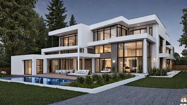 Modern house exterior with pool and deck