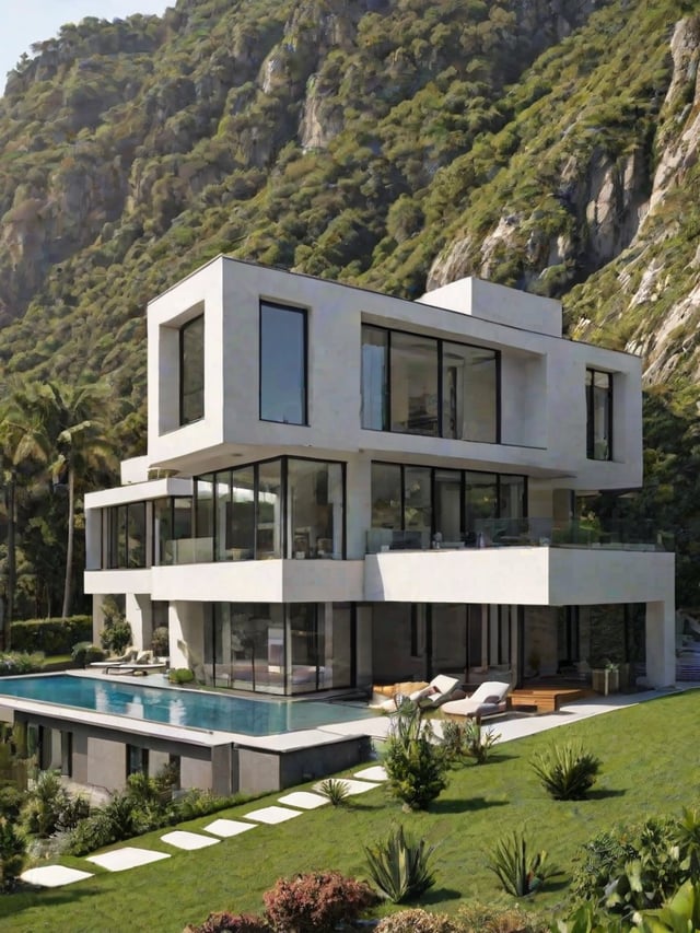 A modern white house with a large pool and deck area.