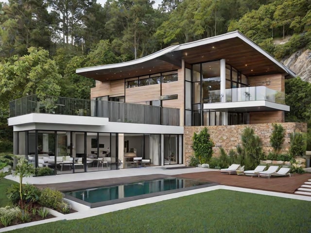 A modern house exterior with a large swimming pool and deck area, featuring wood and glass elements.