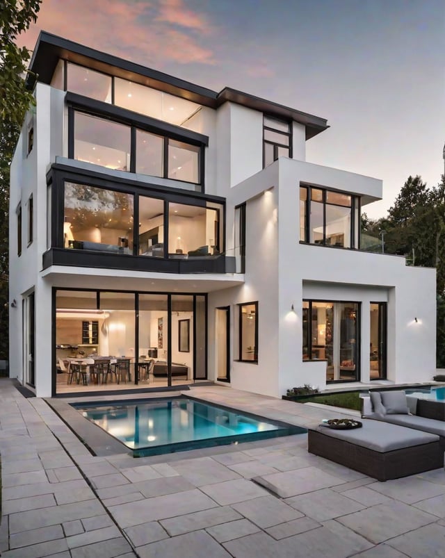 A modern house exterior with a pool and a large white building. The house has a glass wall and a large window that overlooks the pool.