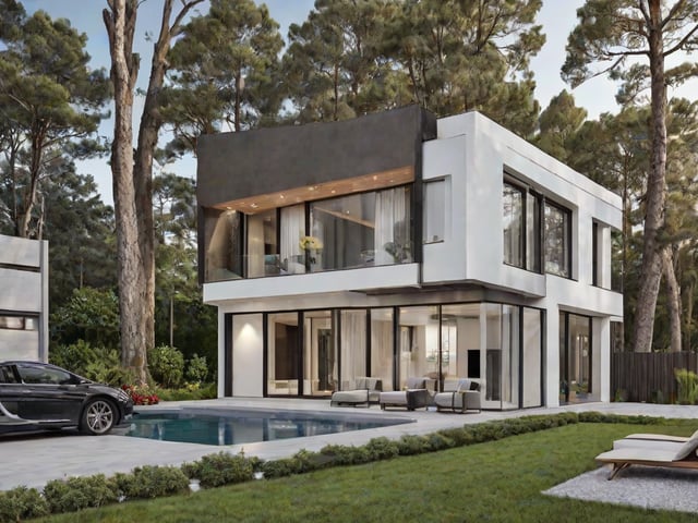 Modern house exterior with pool and car parked in front