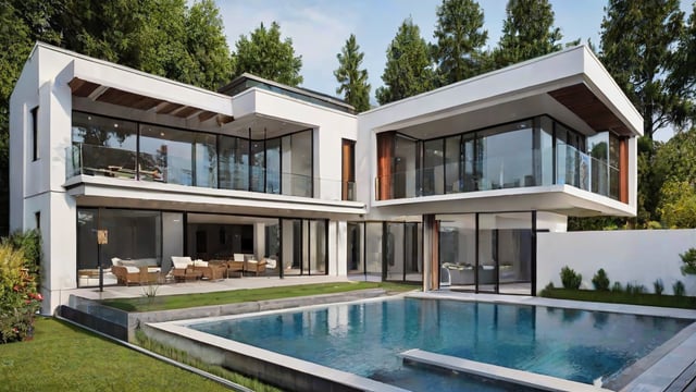 A modern house with a large swimming pool and glass deck.